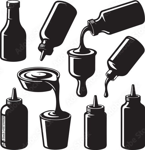 black bottles and squeeze bottles with liquid pouring