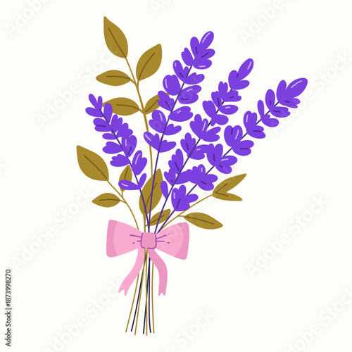 Lavender bouquet with green leaves and pink ribbon. For wedding invites, greeting cards, labels, spa branding, stickers, decor.