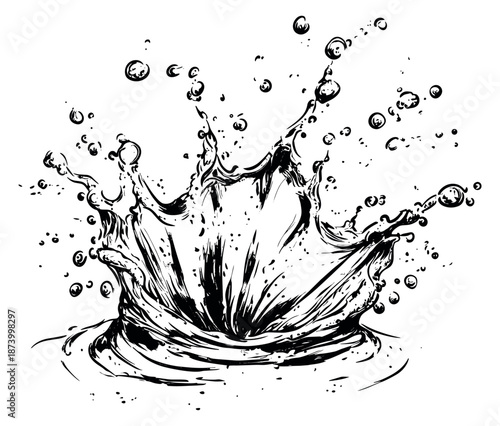 Hand drawn line art illustration of a water splash depicting dynamic motion and droplets for refreshment and purity concepts