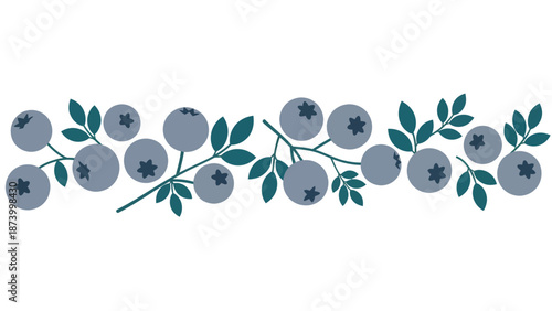 A decorative horizontal border features a winding vine of slate-blue berries with distinct star-shaped crowns, interspersed with deep teal leaves on a clean white background