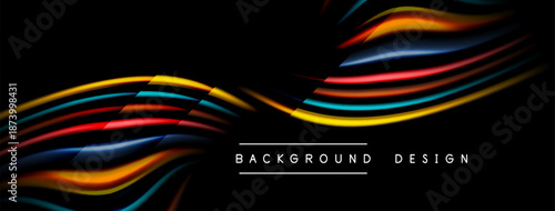 Abstract vibrant lines flow across black background. Modern design elements create dynamic visual impact. Bold colors enhance overall aesthetic.