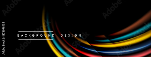 Abstract colorful lines over black background. Smooth curves create dynamic visual effect. Modern design element for presentations.