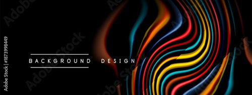 Abstract colorful lines form dynamic wave pattern. Black background highlights vibrant design elements. Modern aesthetic.