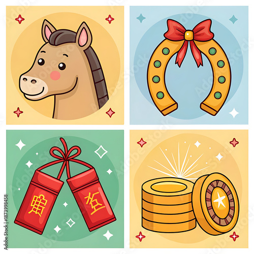 A vector illustration icon set for Chinese New Year of the Horse, including a cute horse head, a horseshoe with a red ribbon, firecrackers, and a gold ingot, in a flat design style.