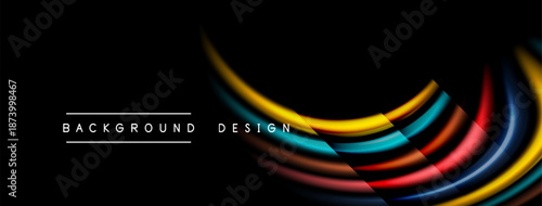 Abstract colorful waves over black background. Modern design elements create dynamic visual impact. Simple text labels bottom left corner.