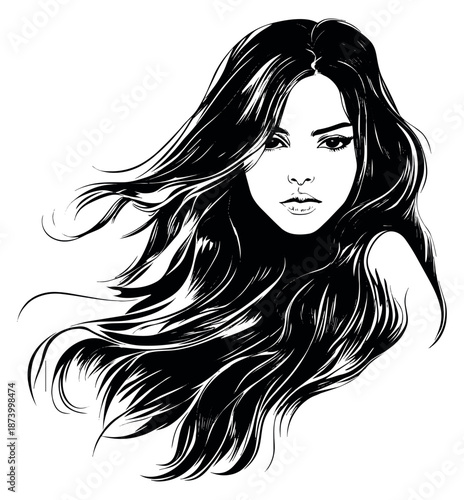 Line art illustration of a woman depicting long flowing hair for beauty and fashion concepts