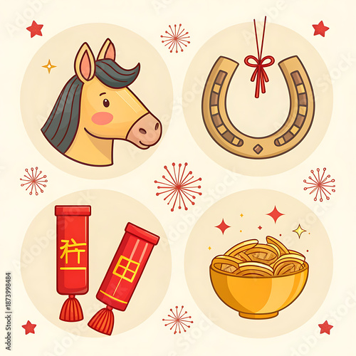 A vector illustration icon set for Chinese New Year of the Horse, including a cute horse head, a horseshoe with a red ribbon, firecrackers, and a gold ingot, in a flat design style.