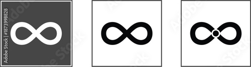 Professional icon set featuring white and black infinity loop symbols in square frames for eternal concept branding designs.