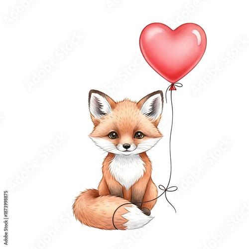 Adorable Fox Cub with Heart Balloon - A Valentines Day Delight.