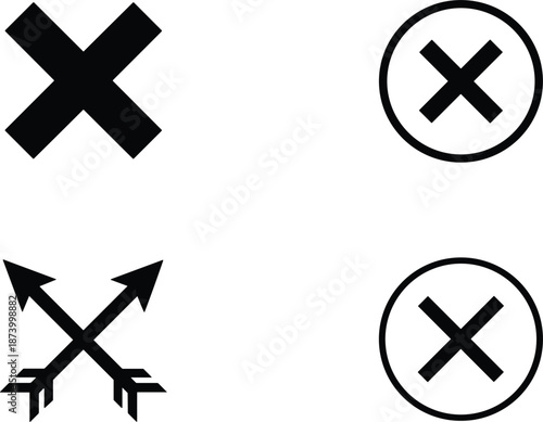 Professional black icon set featuring bold cross marks circled error symbols and crossed hunting arrows for status indications.