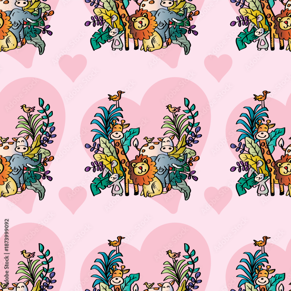 Obraz premium Seamless pattern with cute safari animals and tropical leaves. Vector Illustration.