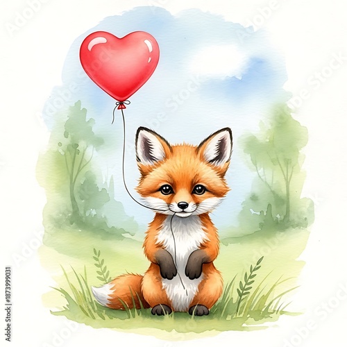 Adorable Fox Cub with Heart Balloon in Watercolor Illustration.