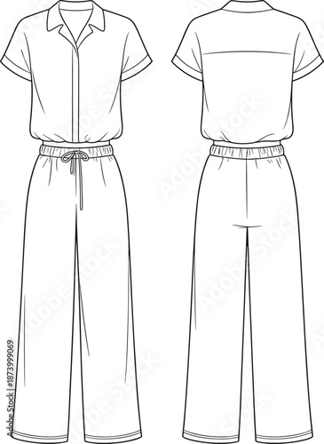 Women’s jumpsuit flat sketch with short sleeves, collar, drawstring waist, front and back view, technical cad fashion illustration