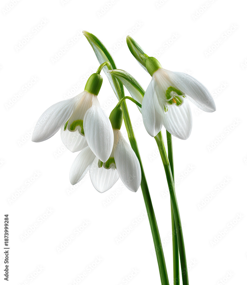 Fototapeta premium Delicate white snowdrop flowers, green stems, isolated against a solid black background