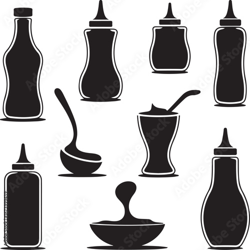 black silhouettes of condiment bottles and mortars on white background