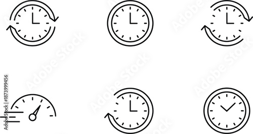 Professional black outline icon set featuring time management clocks with refresh arrows speedometers and success check mark timers.