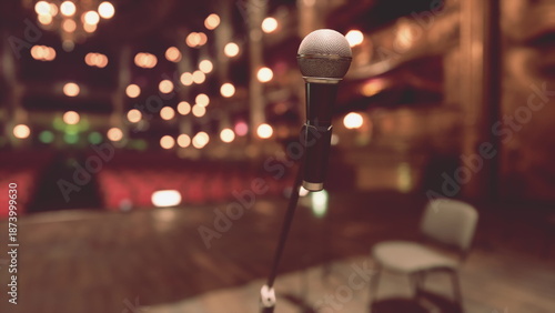 Fotografi A microphone stands alone on stage, ready for a captivating performance