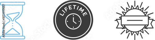 Professional time management icon set featuring a blue line art hourglass lifetime warranty seal and sunburst ribbon badge.