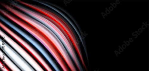 Abstract lines curve, creating dynamic visual effect. Red, white, blue hues contrast against dark background. Minimalist design, modern aesthetic.