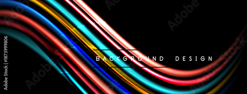 Abstract lines create dynamic, colorful waves against black backdrop. Modern design element for digital projects.