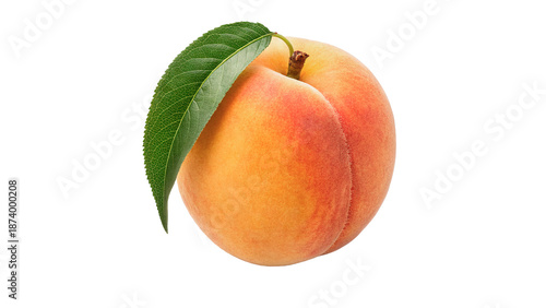 A round peach has a green leaf attached to its side isolated on transparent background cut out
