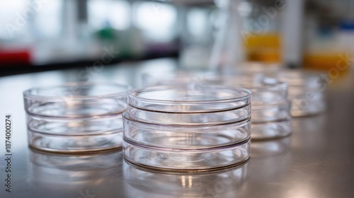Row of empty petri dishes on a laboratory countertop. the dishes are made of clear glass and have a cylindrical shape with a flat base. they are arranged in a neat row and appear to be empty.