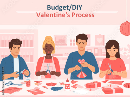 Illustration of a person cutting heart shapes with scissors. Could be used for Valentine's, DIY crafting, or love-themed social media content.