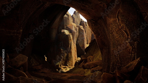 Tablou pe pânză A sun kissed cave opening reveals a stunning rocky terrain bathed in warm golden light
