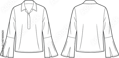 Women’s long sleeve blouse with flared cuffs and collar, front and back flat sketch, fashion technical cad vector illustration