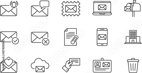 Comprehensive black outline email icon set featuring notification alerts postage stamps mobile messaging cloud mail and office communication.