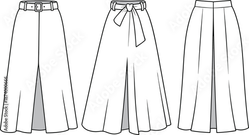 Women’s long skirt fashion design templates with belt and pleats, sewing pattern, CAD drawing flat vector illustration for apparel design