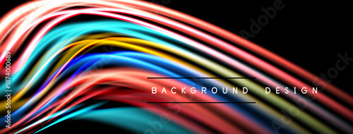 Abstract colorful lines flow across black background. Dynamic shapes create modern design element. Vivid hues suggest energy, movement.