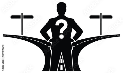 Person standing at a crossroads with question mark
