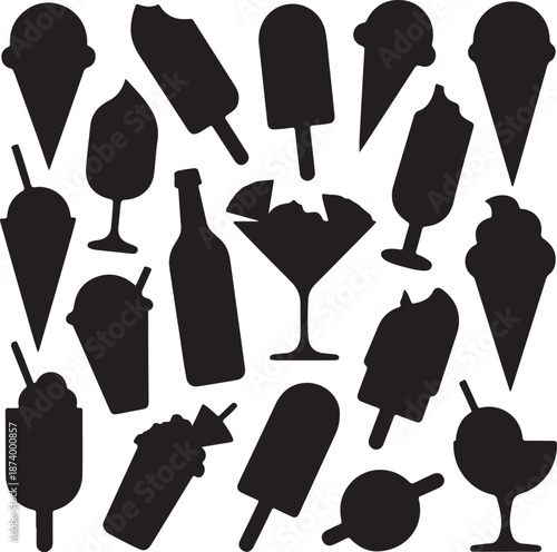 black silhouettes of various cold drinks and desserts on white background