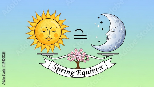 Spring equinox symbol with sun and moon balancing on either side of a blossoming tree representing seasonal change and harmony in nature with balance