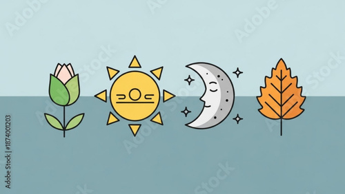 Seasonal cycle with sun moon flower and autumn leaf in simple illustration with nature and seasons and environment and change and weather and day