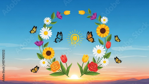 Vibrant floral heart wreath with butterflies and sun at sunset with flowers and inspiration and love and spring and colorful and tulips and daisies