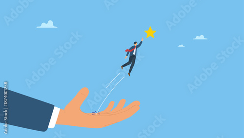 Confidence businessman jumping from helping giant hand to reach star target. Business support to success, mentorship and motivation to overcome business obstacle, career growth.