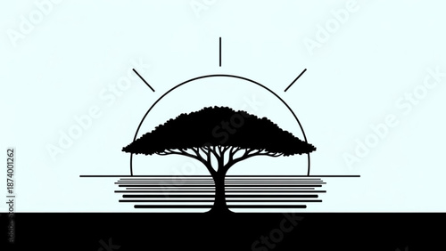 A serene silhouette of a tree stands alone against a minimalist sunrise or sunset with rays extending outwards and water or land in the background