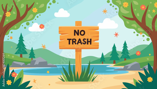 No trash sign beside a peaceful lake surrounded by trees and hills  