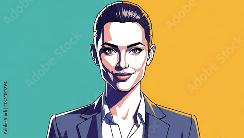 A smiling young professional woman in a business suit with a colorful background with illustration and stylized and portrait and graphic and design