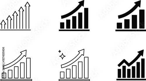 Professional black and white bar chart icon set featuring upward trending growth arrows in solid and outline styles.