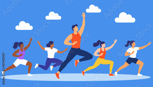 Group of diverse people exercising energetically against blue background  