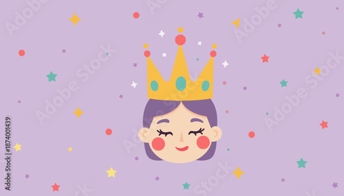 Cartoon princess with crown on purple background surrounded by stars  