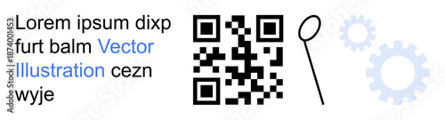 Technology, data analysis, scanning, digital security, tech support, coding. QR code with gears and magnifying glass. Technology and data analysis concept highlighting precision