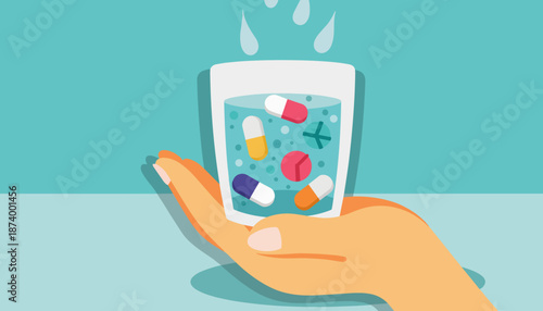 Hand holding glass of water with colorful pills dissolving inside  