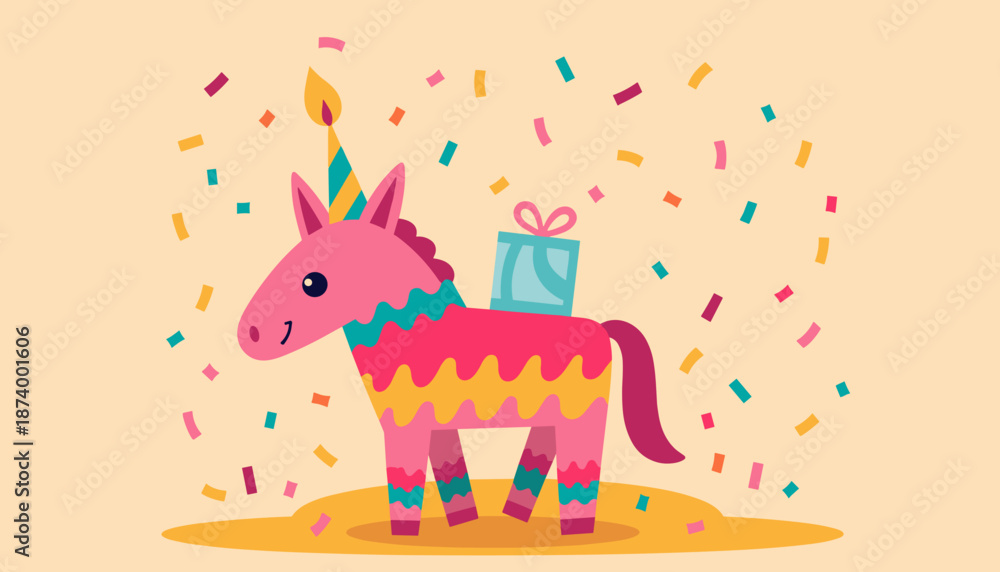 Fototapeta premium Cartoon unicorn piñata with gift celebrating birthday party 