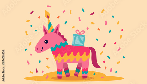 Cartoon unicorn piñata with gift celebrating birthday party  