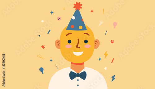 Happy man celebrating with party hat and confetti background  
