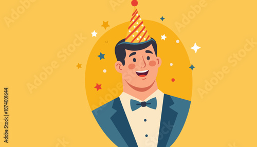 Happy man celebrating in a party hat with a yellow background  